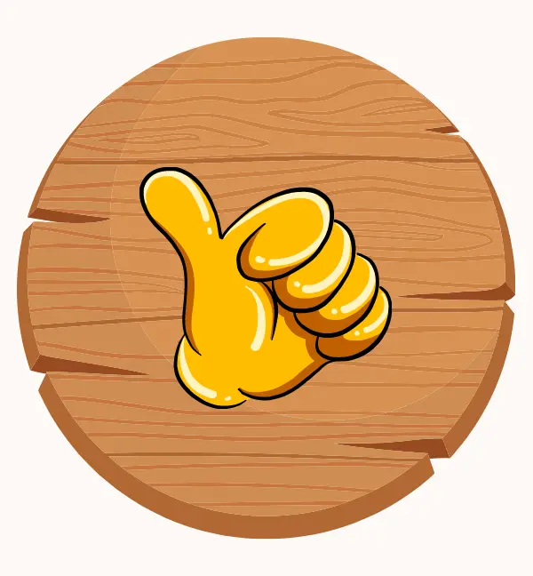Cartoon round wooden signboard with gold thumbs up illustration in the middle of it.