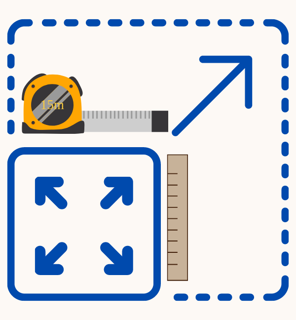Small solid, rounded square with four arrows inside indicating growth. Larger, dotted line rounded square with one arrow indicating growth of smaller square. Tape measure and ruler.