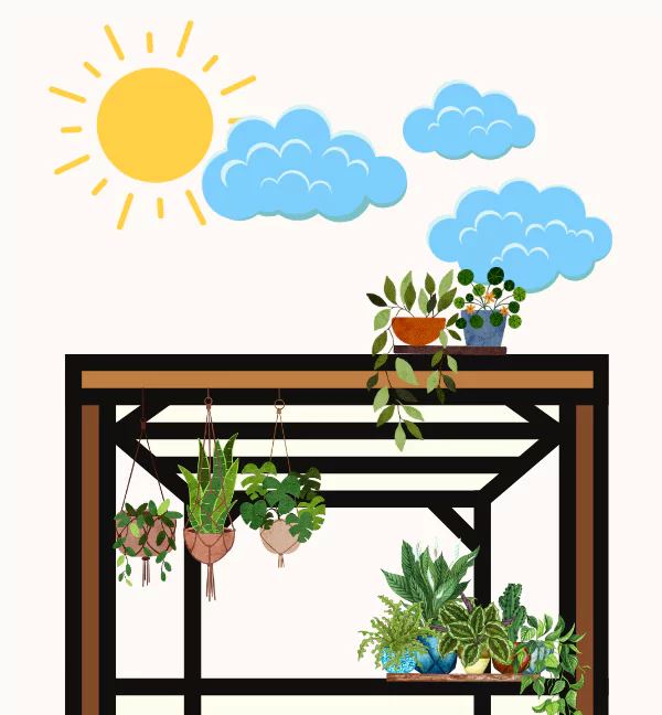 Pergola illustration with sun and blue clouds. Hanging and potted shown on tops and sides of pergola.