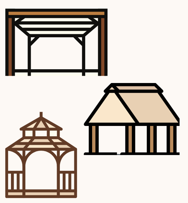Simplistic pergola, pavilion, and gazebo illustrations show the difference between the three structures.