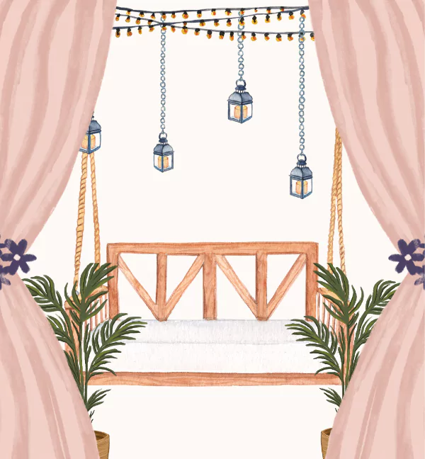 Blush pink curtains. Behind curtains are plants on either side, string lights, and a hanging bench suitable for pergola add-ons.